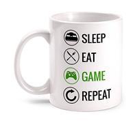 Fashionalarm Tasse Sleep Eat Game Repeat - Contrôleur imprimé des deux côtés avec motif amusant | Idée cadeau Gamer Ordinateur Joueur Zocker Gaming, couleur : blanche