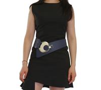 FASHIONGEN - Ceinture en Cuir véritable large femme boucle ronde croisé SOLAINE - Bleu marine (Boucle argenté), S-L