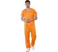 FASHIONISM Costume de prisonnier orange à manches courtes et col en V avec pantalon à taille élastique pour adultes - Déguisement de prisonnier évasé pour Halloween, la semaine du livre et le cosplay