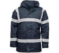 FASHIONISM Parka haute visibilité pour homme avec fermeture éclair intégrale - Manches longues - Capuche dissimulée - Imperméable - Rembourrée, bleu marine, S