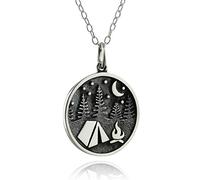 FashionJunkie4Life Sterling Silver Camping Charm Necklace with Tent Trees Campfire Moon and Stars, 18" Chain