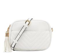 FashionPuzzle Sac à bandoulière matelassé pour appareil photo avec sangle en chaîne et pompon, blanc, Taille unique