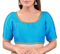 Fashnkart Blouse en Soie Dupion de styliste Indien pour Femme Cousue, Chemisier prêt à l'emploi/Haut col Rond, Demi-Manches avec Dentelle Cousue