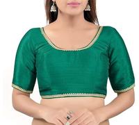 Fashnkart Blouse en Soie Dupion de styliste Indien pour Femme Cousue, Chemisier prêt à l'emploi/Haut col Rond, Demi-Manches avec Dentelle Cousue