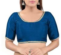 Fashnkart Blouse en Soie Dupion de styliste Indien pour Femme Cousue, Chemisier prêt à l'emploi/Haut col Rond, Demi-Manches avec Dentelle Cousue