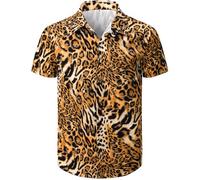 Fashonal Chemise hawaïenne à manches courtes et col boutonné pour homme, Léopard_jaune, Taille L