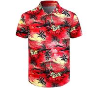 Fashonal Chemise hawaïenne boutonnée à manches courtes Aloha pour homme, Motif coucher de soleil rouge, Taille S