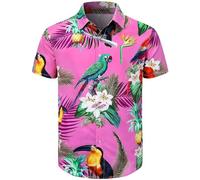 Fashonal Chemise hawaïenne boutonnée à manches courtes Aloha pour homme, Perroquet rose, Taille S