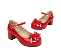 Fasion Special Bow Mary Janes Escarpins en cuir verni avec talon bloc pour femme Chaussures Rockabilly Lolita Vintage Cosplay, rouge, 39 EU