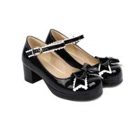Fasion Special Bow Mary Janes Escarpins en cuir verni avec talon bloc pour femme Chaussures Rockabilly Lolita Vintage Cosplay, Noir , 37 EU