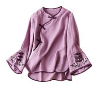 FASLOLSDP Chemisiers brodés à fleurs chinoises traditionnelles en lin - Chemisier en mousseline - Pour femme - Été - Printemps - Chemise décontractée - Vintage - Cheongsam - Hauts élégants - Manches