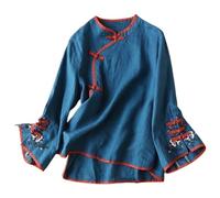 FASLOLSDP Chemisiers brodés à fleurs chinoises traditionnelles en lin - Chemisier en mousseline - Pour femme - Été - Printemps - Chemise décontractée - Vintage - Cheongsam - Hauts élégants - Manches
