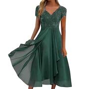 FASLOLSDP Robe en mousseline de soie pour femme - Col en V - Manches courtes - Élastique - Taille haute - Robe longue - Couleur unie, Vert-16., XL