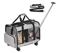 FASNATI Sac de Transport pour 2 Chats Jusqu’à 12kg, Double Compartiment avec Séparateur Amovible, roulettes et Poignée Amovibles, Idéal pour Grands Chats et Petits Chiens, Gris