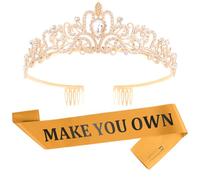 FASOTY Écharpe personnalisée avec couronne blanche en satin vierge pour femmes filles anniversaire, bal de fin d'année, concours de beauté, écharpe et diadème