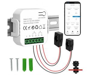Fastsaw Compteur d'Énergie WiFi Bidirectionnel 80A CT avec 2 Pinces, Compteur Intelligent pour Autoconsommation Panneau Solaire, Compatible Tuya Smart Life & Alexa, Montage Rail DIN, Sans Passerelle