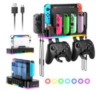 FASTSNAIL LED Support Mural pour Nintendo Switch/OLED&Joycon,Chargeur pour Switch Console et Manette,avec 15 Modes d'éclairage et 4 Ports USB, 2 Crochets