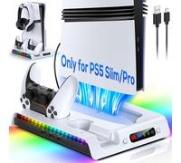 FASTSNAIL Support pour PS5 Pro/Slim, Ventilateur Socle Compatibles avec Playstation5 Pro/Slim Digital/Disc Edition, Rapide Chargeur Manette pour PS5 avec 9 Modes d'éclairage RVB(Pas pour PS5-2020)