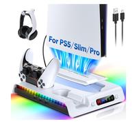 FASTSNAIL Support pour PS5/PS5 Pro/PS5 Slim,Ventilateur Socle Compatibles avec Playstation5/Pro/Slim Digital/Disc Edition, Rapide Chargeur Manette pour PS5 avec 9 Modes d'éclairage RVB