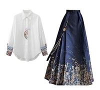 FASWAR Jupes Chinoises for Femmes, Jupe à Visage de Cheval, imprimé Ethnique, Longue balançoire plissée à Nouer, Jupe trapèze, vêtements Hanfu (Color : Suit, Size : M)