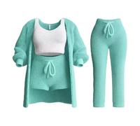 FASWAR Misscosy - Ensemble tricoté Confortable 4 pièces, Ensembles Confortables for vêtements for Femmes, Ensembles Pyjama en Polaire for Femmes, Nouvelle Collection 2024 (Color : Green, Size : L)