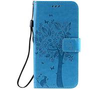 Fatcatparadise Coque Huawei Honor 6A,[avec Film Protecteur Trempé Libre] (Série De Chat Et d'arbre) Rétro Premium Flip Etui Portefeuille Support PU Cuir pour Huawei Honor 6A (Bleu)