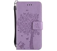 Fatcatparadise Coque pour Samsung Galaxy J3 2017/J330 [avec Verre Trempé], Bookstyle Motif de gaufrage Housse Imprimé en PU Cuir Case à Rabat Coque de Protection Portefeuille Cover (La Lavande)