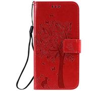 Fatcatparadise Coque Sony Xperia XZ1 Compact,[avec Film Protecteur Trempé Libre] (Série De Chat Et d'arbre) Rétro Premium Flip Etui Portefeuille Support PU Cuir pour Sony Xperia XZ1 Compact (Rouge)