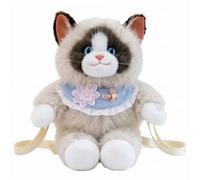Faticenic Sac à dos en peluche chat Ragdoll mignon marron clair, sac à dos pour animaux en peluche avec broderie de bavoir en dentelle