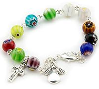 Fatima Store Bracelet Ange Gardien Avec 10 Boules en Verre Murano de 8 mm. Croix et Sac en Coton Avec Images de la Vierge Marie. Bracelet Chapelet Décenniaire, Ajustable, Cristal