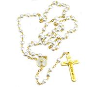 Fatima Store Chapelet ma première communion avec cœurs de nacre, médaille avec calice et croix dorée. Comprend un sachet rose avec croix imprimées. Cadeaux pour première communion fille., Nacre
