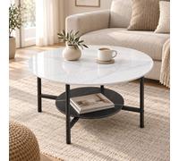 FATIVO Table Basse Ronde Salon en Pierre Frittée 80 cm, 2 Plateaux | Épaisseur 10,7 mm par Niveau, Charge Totale 150 kg, Effet Marbre Blanc, Surface Résistante, Facile à Entretenir