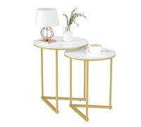 FATIVO Table Gigogne de Salon: Lot de 2 Table d’Appoint Ronde Blanche Moderne Marbre Bout de Canapé Métal Design Or - φ45x55cm+φ40x51cm