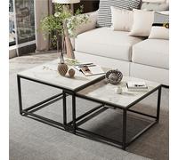 FATIVO Table Gigogne Salon Marbre: Tables Basses Lot de 2 Carrées Moderne Bout de Canapé Design pour Café Hotêl avec Pieds Noire en Métal - Blanc 65x65x40+60x60x36cm