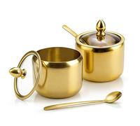 Fatiya Lot de 2 sucriers en acier inoxydable doré avec couvercle et cuillère, récipient à sucre de 411,1 g pour bar à café, pot d'assaisonnement en métal pour sel, épices, thé en vrac