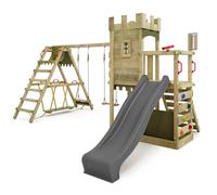 Fatmoose Aire de Jeux Château Fort BoldBaron Boost XXL avec SurfSwing, balançoire & Toboggan Anthracite, extérieur Enfants Tour d'escalade avec bac à Sable échelle & Accessoires de Jeux