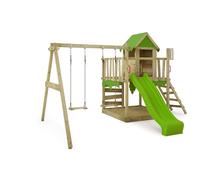 FATMOOSE Aire de Jeux JazzyJungle Jam XXL portique en Bois avec balançoire et Toboggan Vert Pomme, Tour d'escalade pour Enfants avec bac à Sable, échelle et Accessoires de Jeu pour Le Jardin.