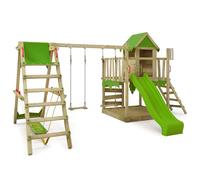 FATMOOSE Aire de jeux JazzyJungle Jam XXL portique en bois avec SurfSwing balançoire et toboggan vert pomme tour d'escalade pour enfants avec bac à sable, échelle et accessoires de jeu pour le jardin.