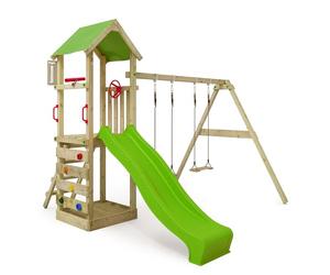Fatmoose Aire de Jeux KiwiKey Kick XXL avec Balançoire, Toboggan Double Vague, Bac à Sable, Échelles d'escalade, Volant, Télescope SpecialSpy, en Bois Massif Imprégné pour Jardin - Vert Pomme