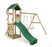 FATMOOSE Aire de jeux Portique bois KiwiKey avec balançoire et toboggan vert Maison enfant extérieure avec bac à sable