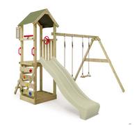 FATMOOSE Aire de jeux Portique bois KiwiKey avec balançoire et toboggan vert sauge Maison enfant extérieure avec bac à sable