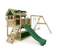 FATMOOSE Aire de jeux Portique bois TikaTaka avec balançoire et toboggan vert Cabane enfant extérieure avec bac à sable