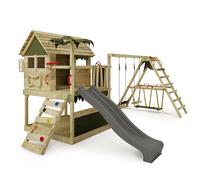 Fatmoose Aire de Jeux Portique Bois TikaTaka avec balançoire SurfSwing et Toboggan Anthracite, Cabane Enfant Exterieur avec bac à Sable, échelle d'escalade & Accessoires de Jeux