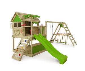 Fatmoose Aire de Jeux Portique Bois TikaTaka avec balançoire SurfSwing et Toboggan Vert Pomme, Cabane Enfant Exterieur avec bac à Sable, échelle d'escalade & Accessoires de Jeux