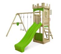 FATMOOSE Aire de jeux Portique bois TreasureTower avec balançoire et toboggan vert pomme Maison enfant extérieure avec bac à sable