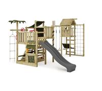 Fatmoose Aire de Jeux Portique d'escalade CrazyCoconut Club XXL avec TowerSwing, Toboggan Anthracite & bâche Vert Olive, extérieur Tour d'escalade avec bac à Sable, échelle & Accessoires de Jeux