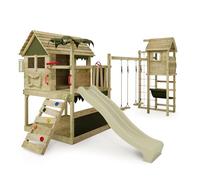 Fatmoose Aire de Jeux Portique d'escalade TikaTaka Town XXL avec TowerSwing, balançoire & Toboggan Vert Sauge, extérieur Enfants Tour d'escalade avec bac à Sable échelle & Accessoires de Jeux