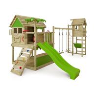 Fatmoose Aire de Jeux Portique d'escalade TikaTaka Town XXL avec TowerSwing, balançoire & Toboggan Vert Pomme, extérieur Enfants Tour d'escalade avec bac à Sable échelle & Accessoires de Jeux