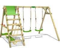 FATMOOSE Balançoire pour enfants Portique de balançoire JollyJade Balançoire, portique de balançoire, balançoire double, balançoire en bois avec annexe à grimper - vert pomme