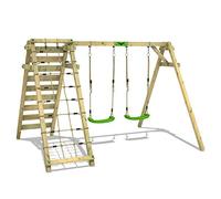 FATMOOSE Portique de balançoire pour Enfants JollyJungle Vert Pomme - balançoire & Filet à Grimper, portique de balançoire, balançoire en Bois avec annexe à Grimper pour Les Enfants dans Le Jardin